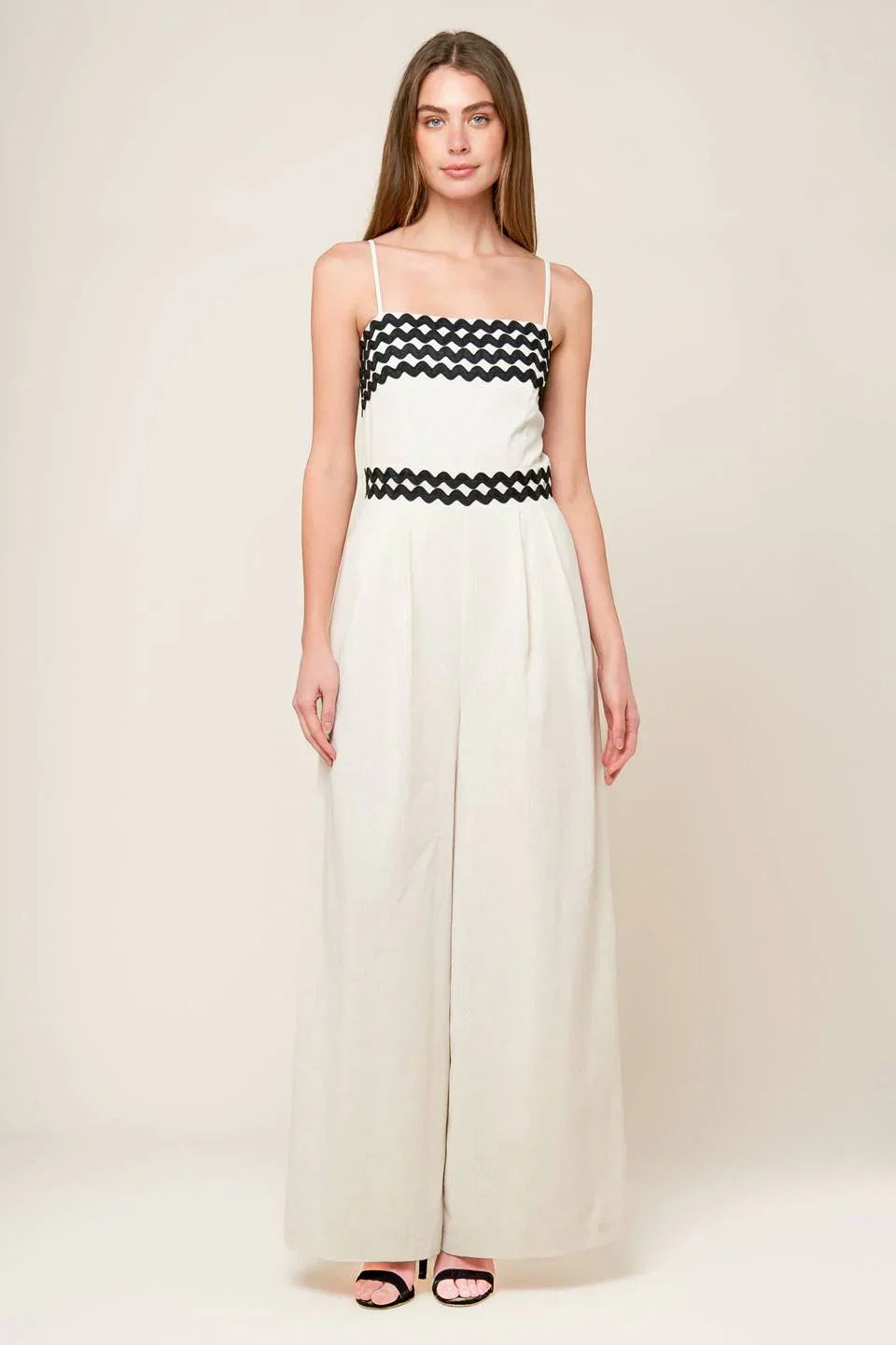 MEET AT THE PIER CREAM RIC RAC TRIM WIDE LEG JUMPSUIT