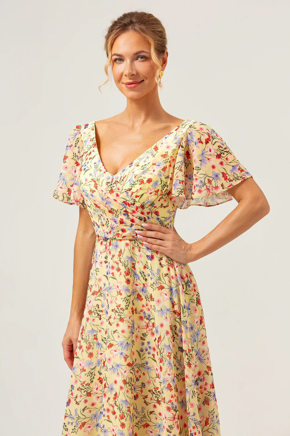 Yellow Flower Printed A Line Chiffon Long Bridesmaid Dress with Short Sleeves