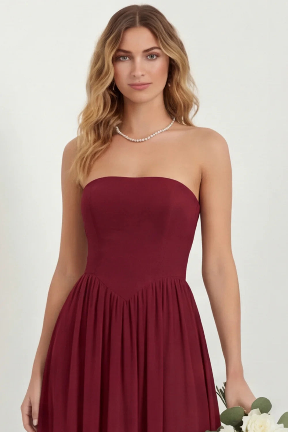 Strapless Eucalyptus Chiffon A Line Long Bridesmaid Dress with Pockets