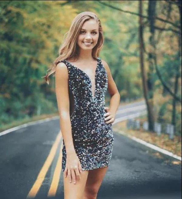 Sparkly Bodycon V Neck Navy Sequins Short Homecoming Dresses