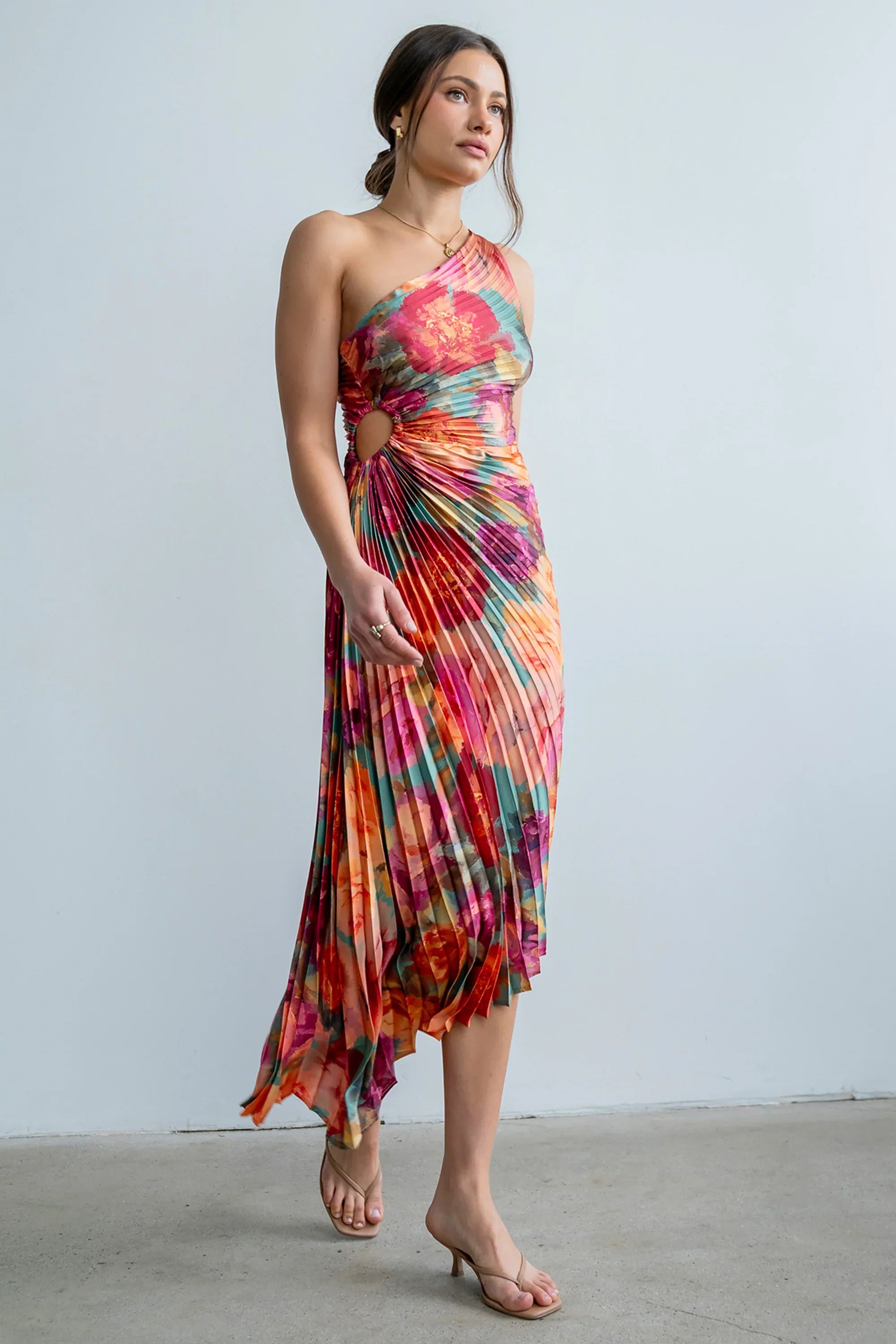 Asymmetrical Pleated Maxi Dress in Multi