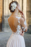 Bateau Illusion Long Sleeve Appliqued A Line Chiffon Wedding Dress