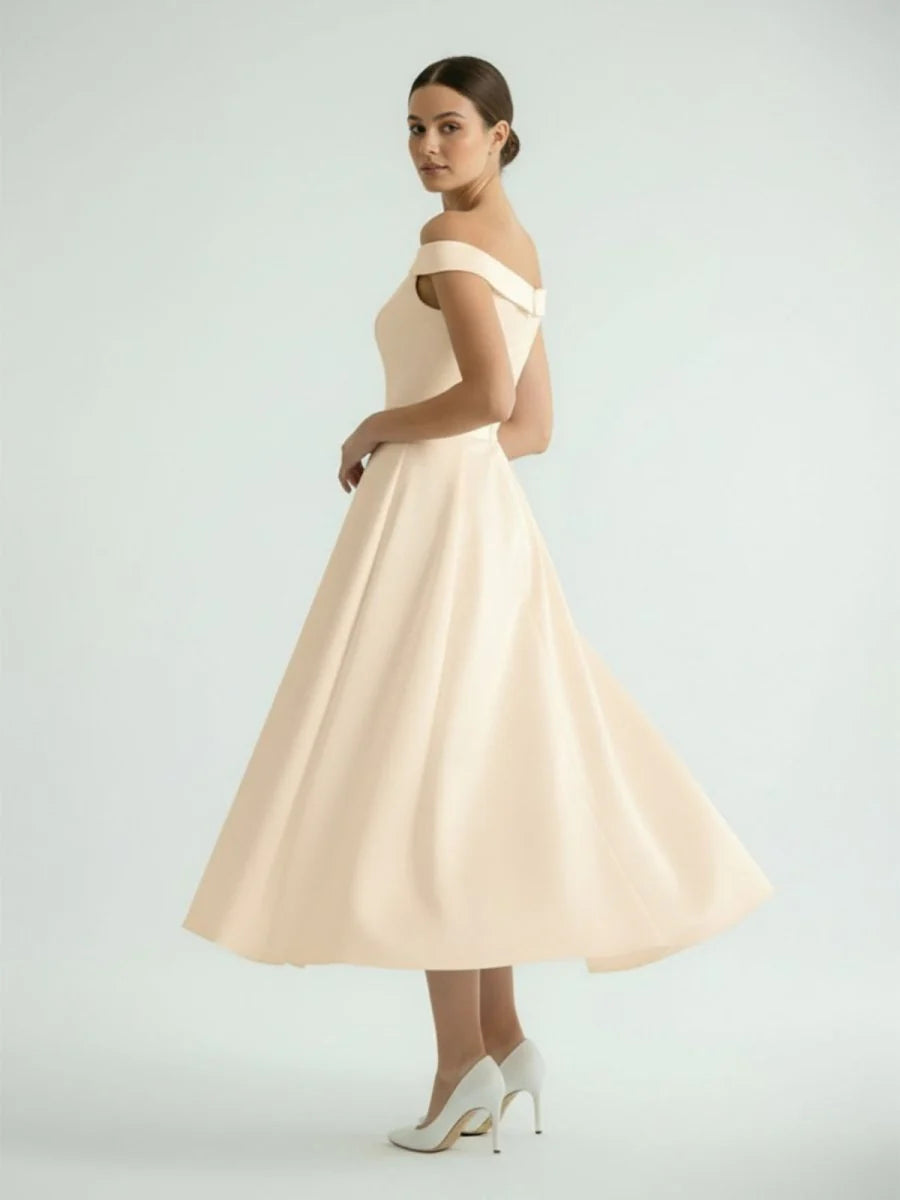 Sleeveless Tea Length Satin Wedding Dress With Sash And Off The Shoulder Neck