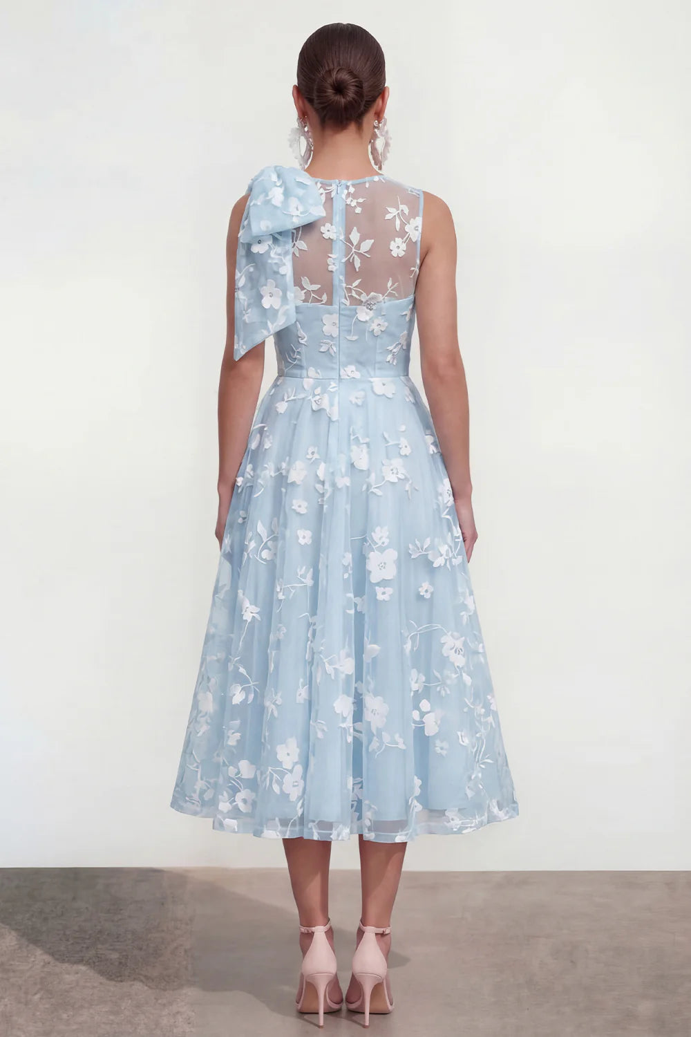 Floral Apricot A Line Bowed Midi Wedding Guest Dress