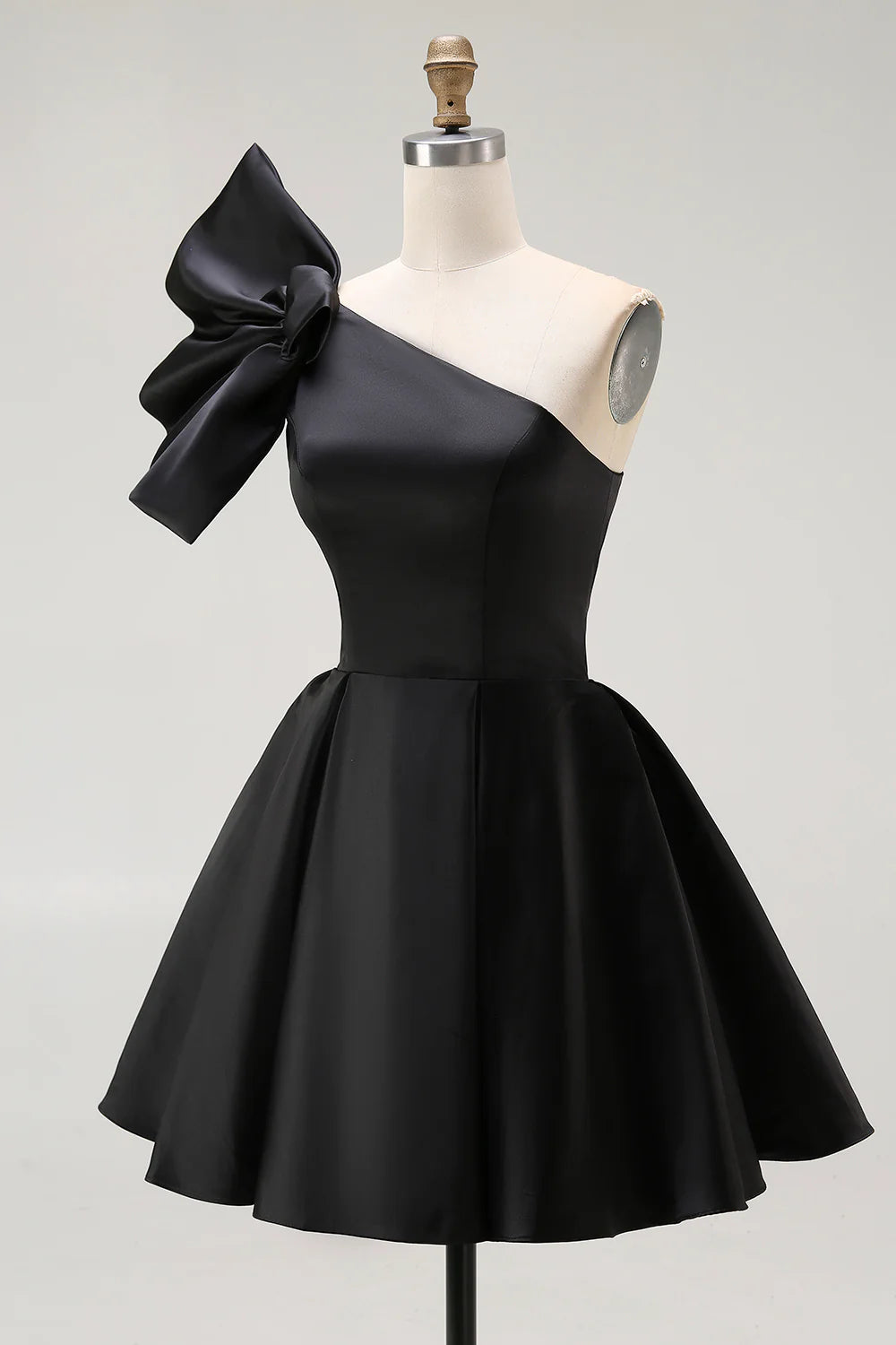 Black A Line Satin One Shoulder Mini Cocktail Dress