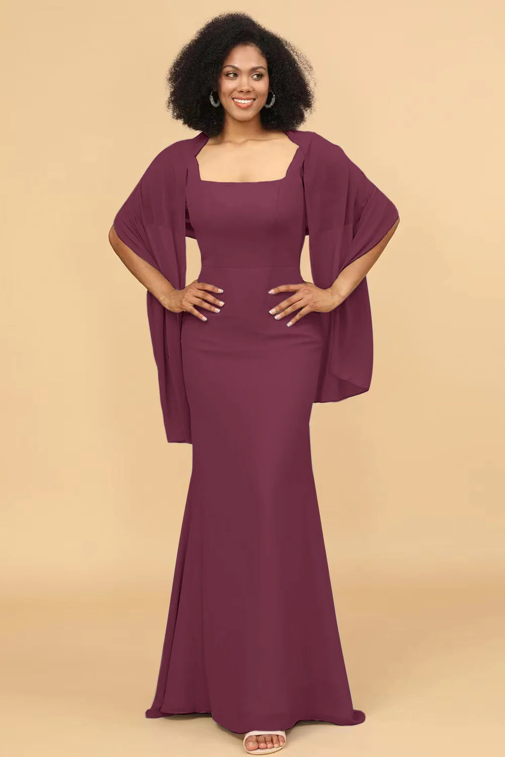 Mermaid Square Neck Long Chiffon Bridesmaid Dress with Cape