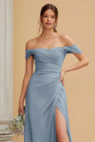 Dusty Blue A Line Off The Shoulder Bridesmaid Dress with Slit