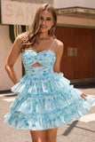 Blue A Line Fit and Flare Cut Out Tiered Mini Print Floral Homecoming Dress