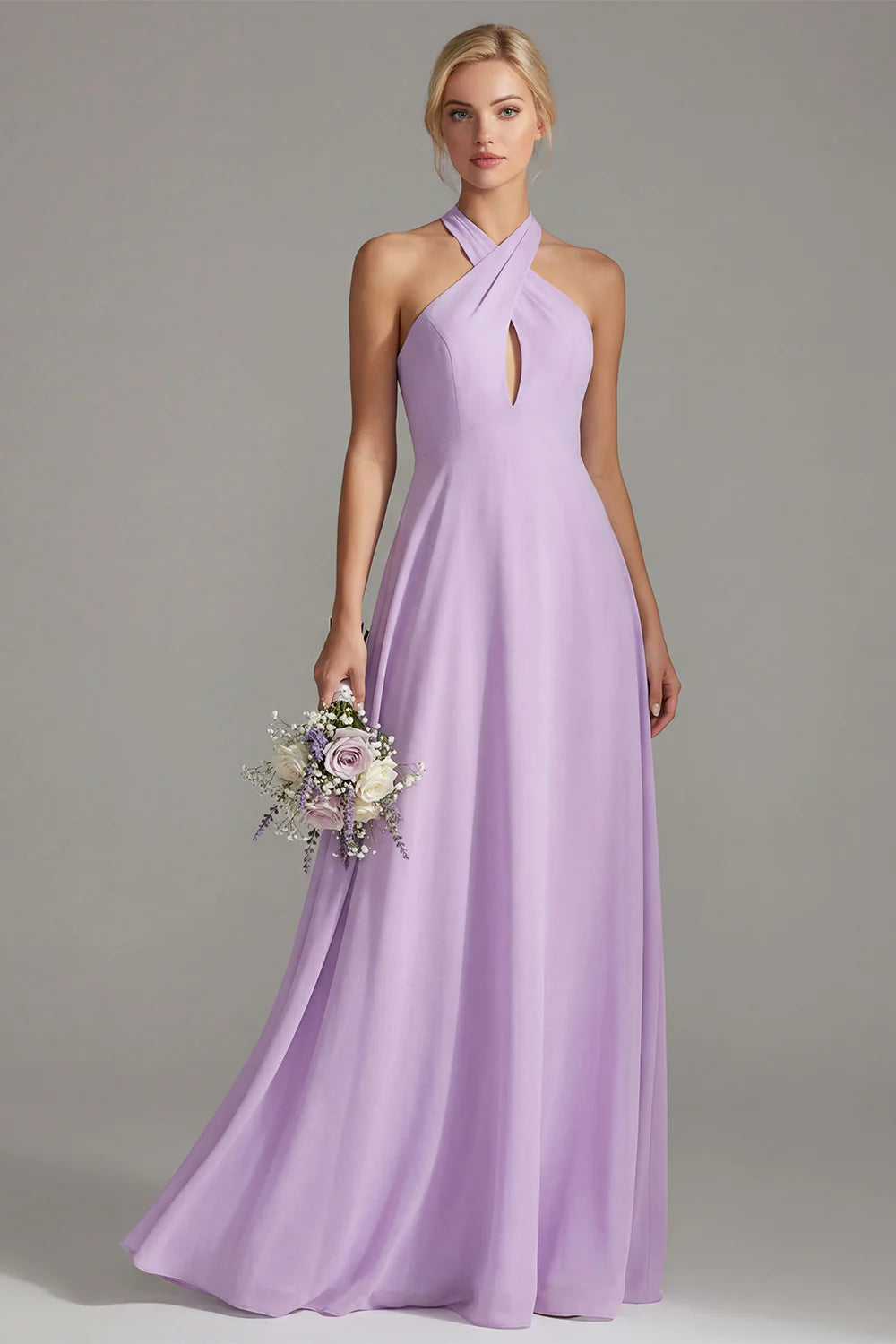 Lilac Halter Chiffon Keyhole Long Bridesmaid Dress