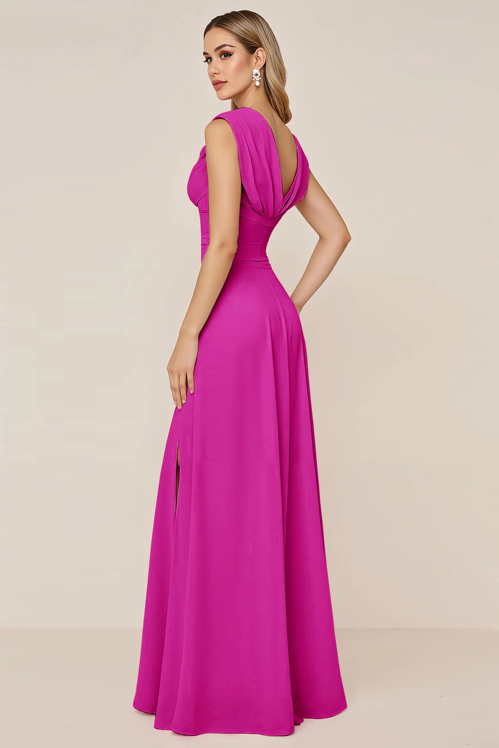 Burgundy A Line Cowl Neck Long Bridesmaid Dress with Slit