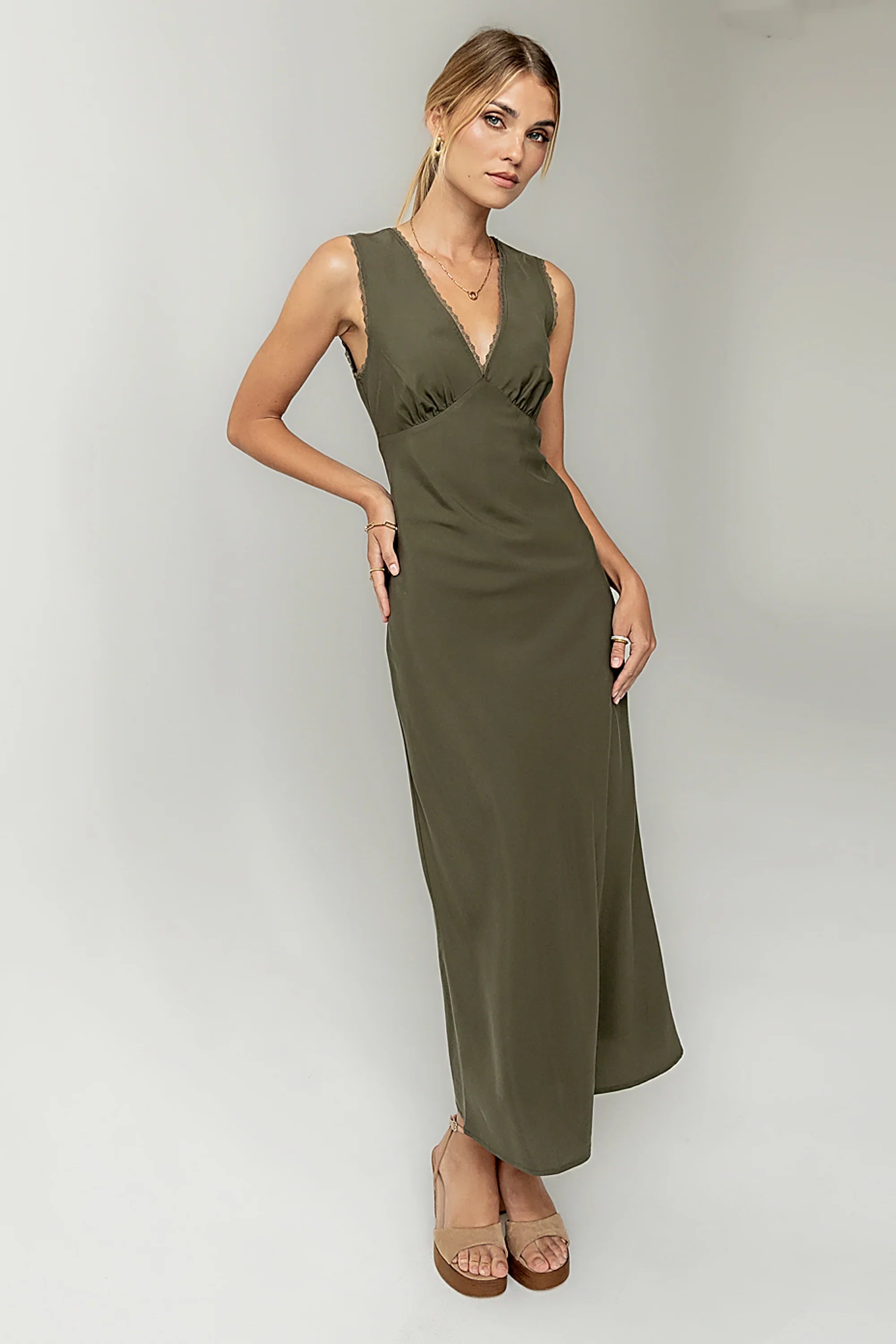 Hailey Lace Trim Maxi Dress in Olive FINAL SALE