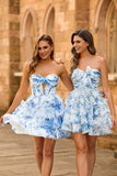 White Blue Flower A Line Strapless Cut Out Corset Tiered Homecoming Dress
