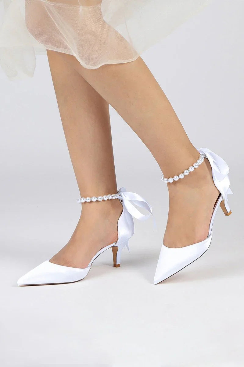 Pointed Toe Ribbons Faux Pearl Pumps