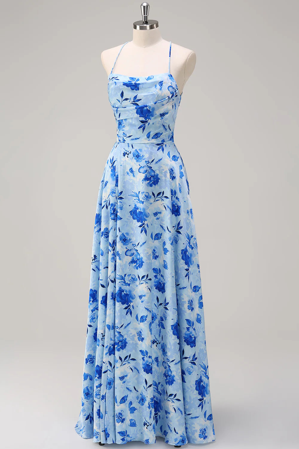 Blue A Line Spaghetti Straps Ruched Backless Long Print Bridesmaid Dress with Slit
