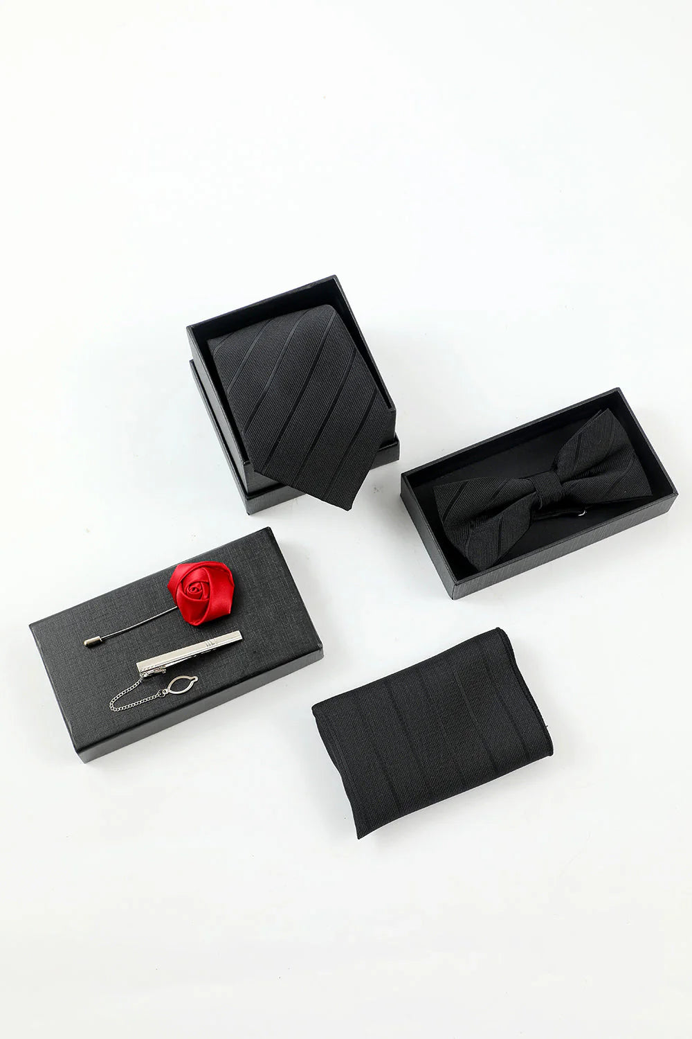 Mens Black Stripe Mens 5 Piece Accessory Set Tie and Bow Tie Pocket Square Flower Lapel Pin Tie Clip