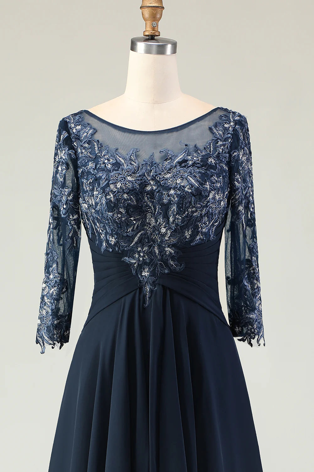 Navy Scoop Neck Appliqued A Line Long Chiffon Dress with 3 4 Sleeves