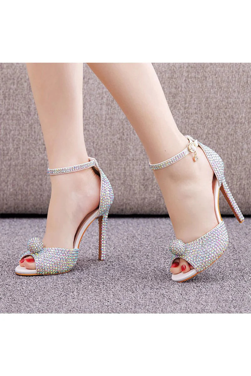Rhinestone Embellished Open Toe Ankle Strap Stiletto Heels