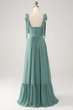 Eucalyptus A Line Spaghetti Straps Pleated Floor Length Bridesmaid Dress