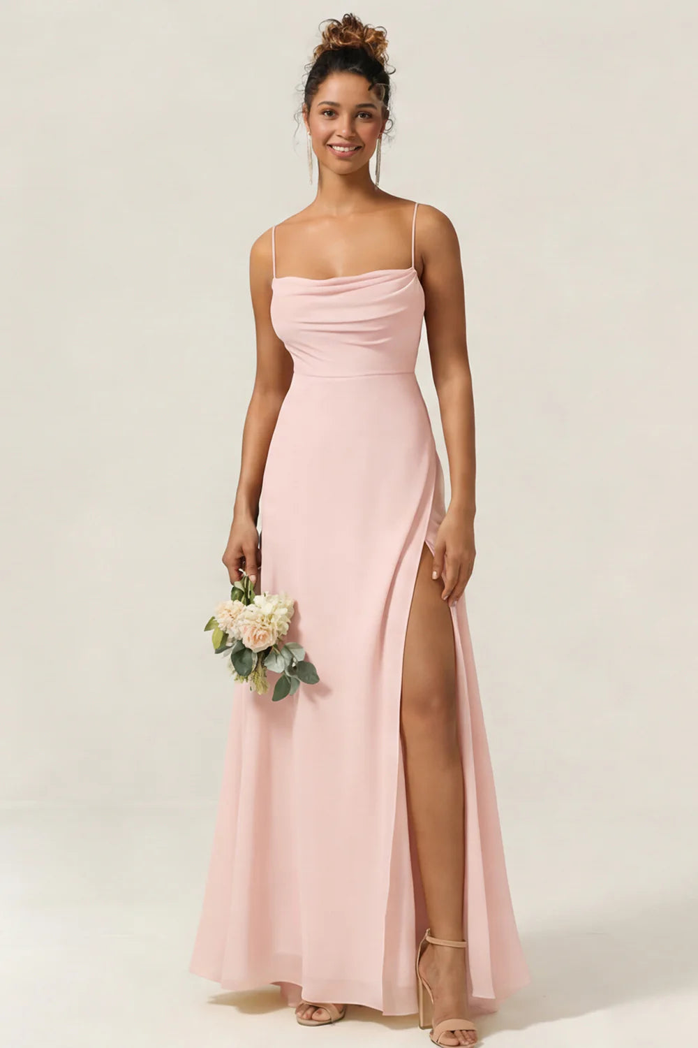 Blue Flower A Line Spaghetti Straps Chiffon Long Bridesmaid Dress with Slit