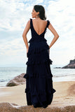 Dark Navy A Line Backless Floor Length Tiered Long Bridesmaid Dress