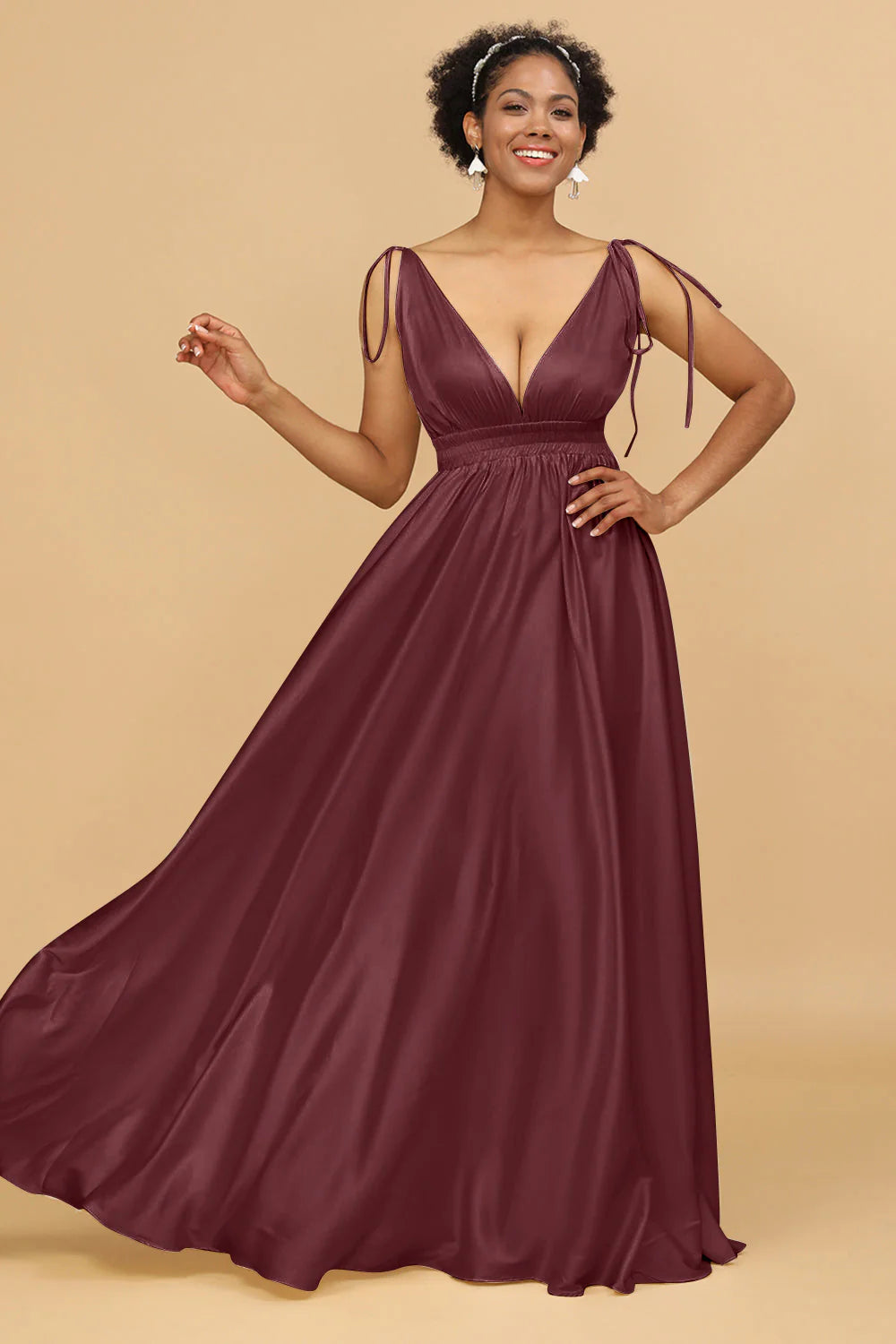 A Line Deep V Neck Backless Floor Length Bridesmaid Dress