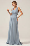 Dusty Blue A Line Chiffon Convertible Maternity Bridesmaid Dress