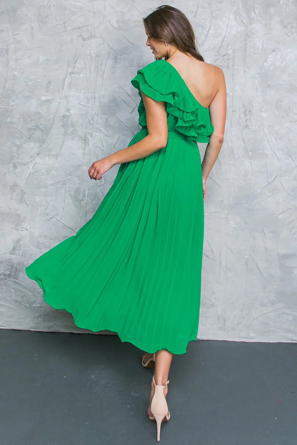 SUN KISSED STYLE GREEN ONE SHOULDER RUFFLE MIDI DRESS