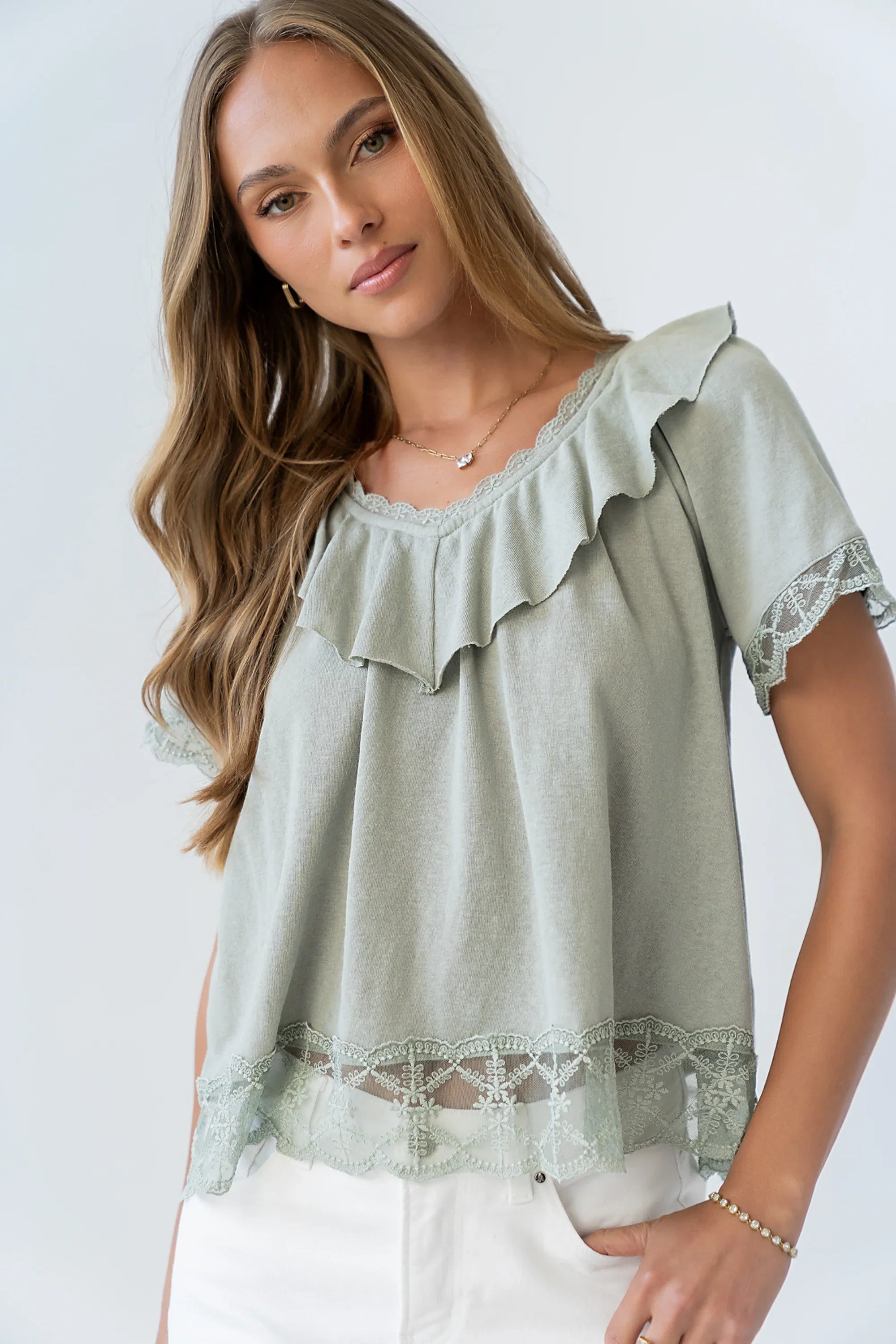 Lilian Lace Trim Top in Sage