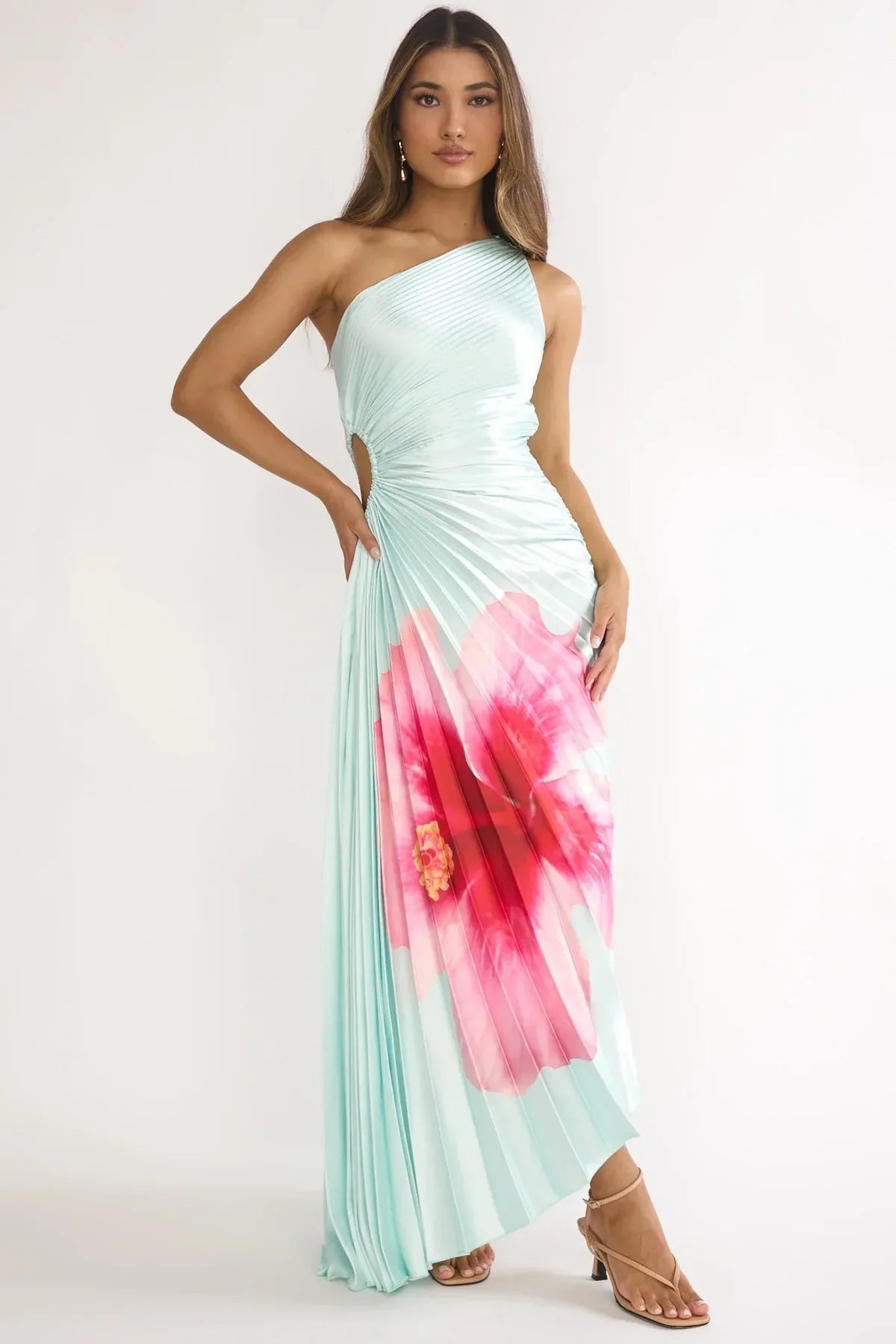 Beth Maxi Dress Mint Floral Pleated Maxi Dress with Cut Out