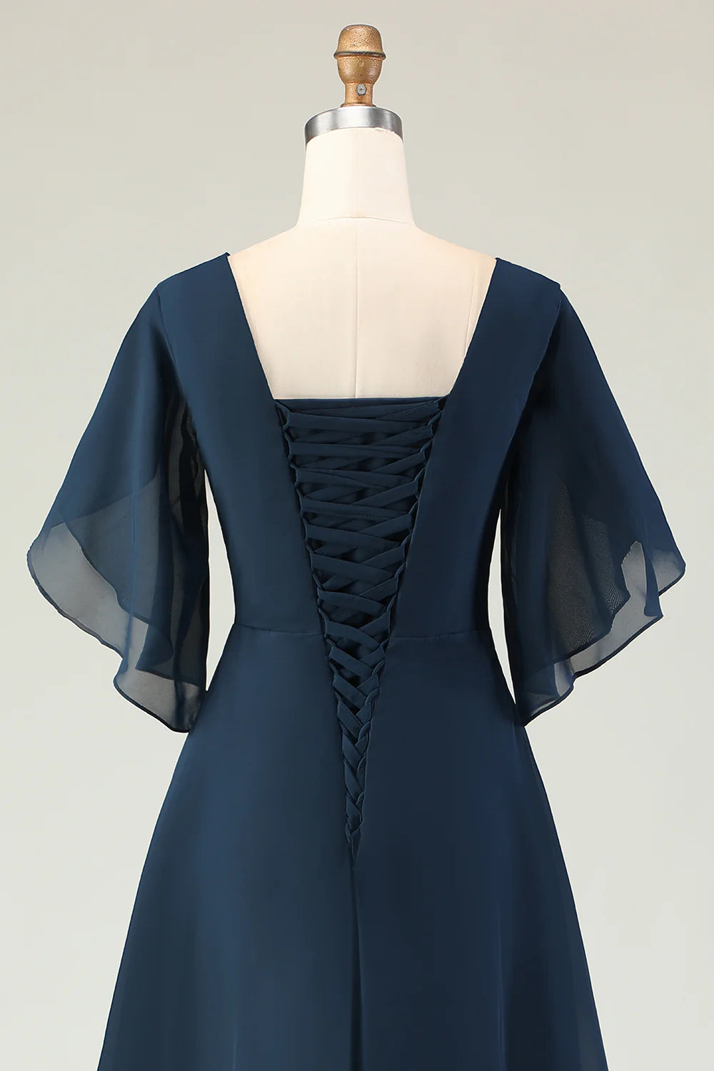 Navy A Line Ruched Chiffon Short Sleeves Chiffon Midi Dress with Rhinestones