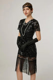 Black Sheath Fringed Midi V Neck 1920s Dress with Sequins