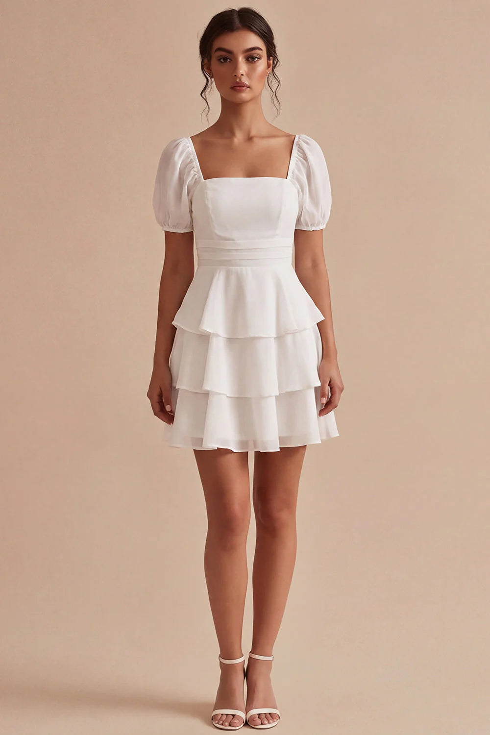 White A Line Tiered Ruffle Square Neck Mini Dress with Puff Sleeves