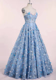 Spaghetti Strap 3D Flower Applique Sky Blue Prom Dresses Ball Gowns