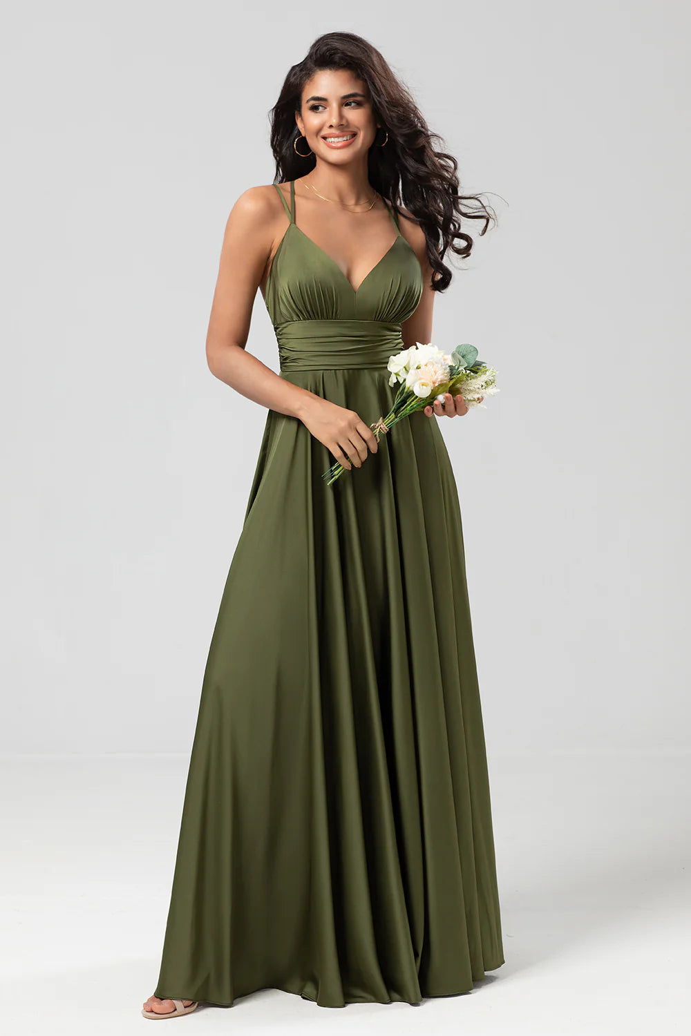 A Line Spaghetti Straps Satin Floor Length Dress