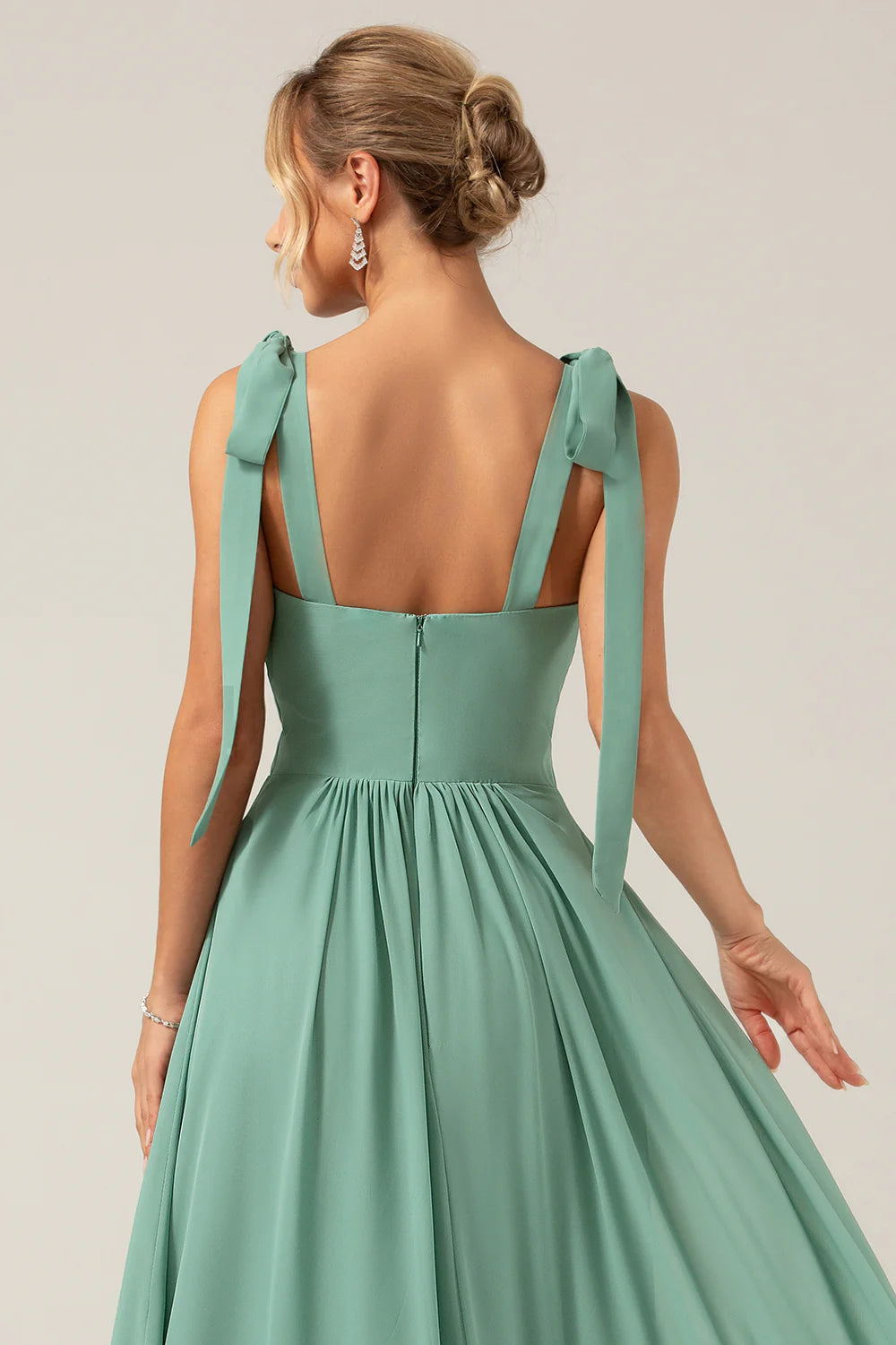A Line Spaghetti Straps Pleated Floor Length Eucalyptus Bridesmaid Dress
