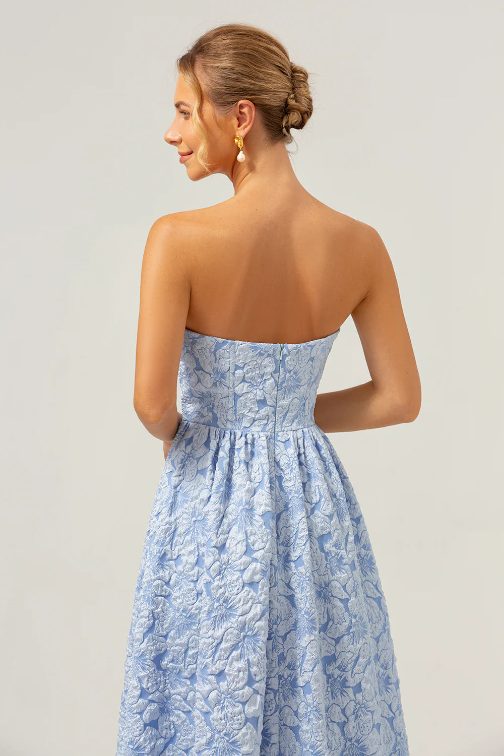 Blue A Line Strapless Brocade High Low Floral Bridesmaid Dress