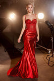 Teagan Gown Red Fitted Satin Lace Dress