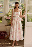 White Floral Square Neck A Line Midi Wedding Guest Dress with Bow