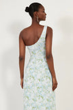 Blue White Flower One Shoulder Print Sheath Maxi Dress with Slit
