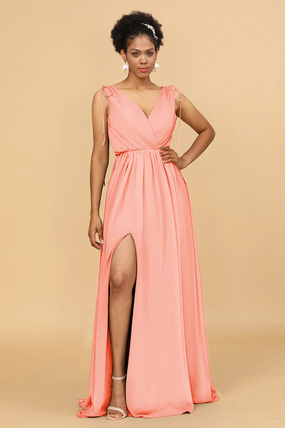 A Line Ruched V Neck Sleeveless Chiffon Bridesmaid Dress with Slit