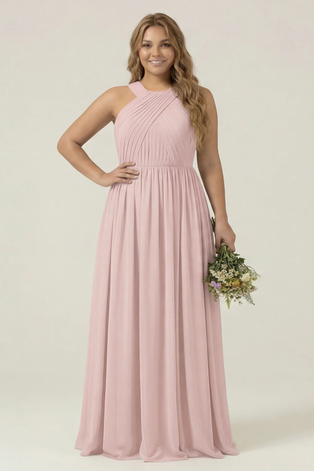 Dusty Sage Plus Size Halter A Line Chiffon Long Bridesmaid Dress