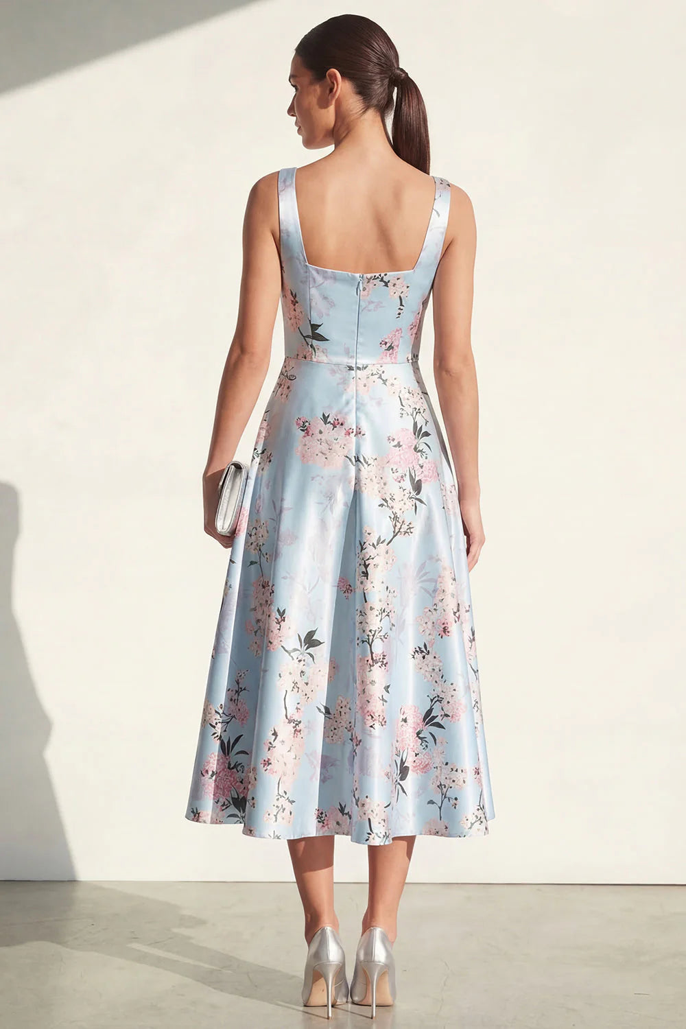 Pink Printed Satin A Line Midi Wedding Guest Dress