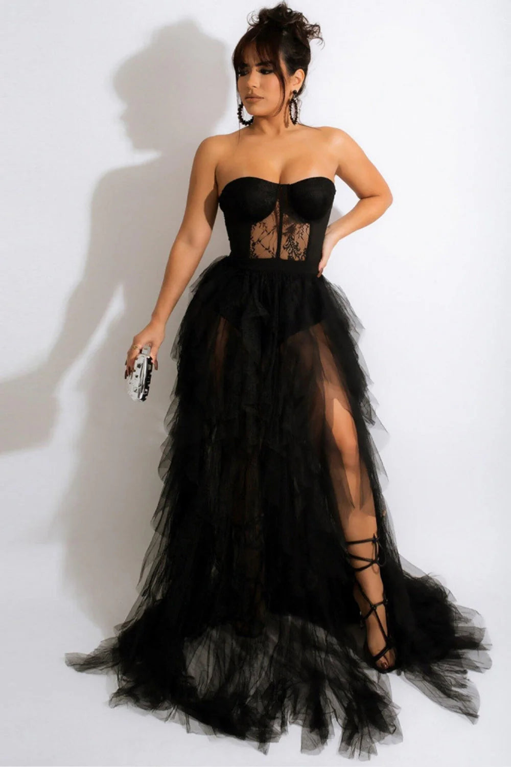 Red A Line Tulle Sweetheart Corset Long Prom Dress with Slit