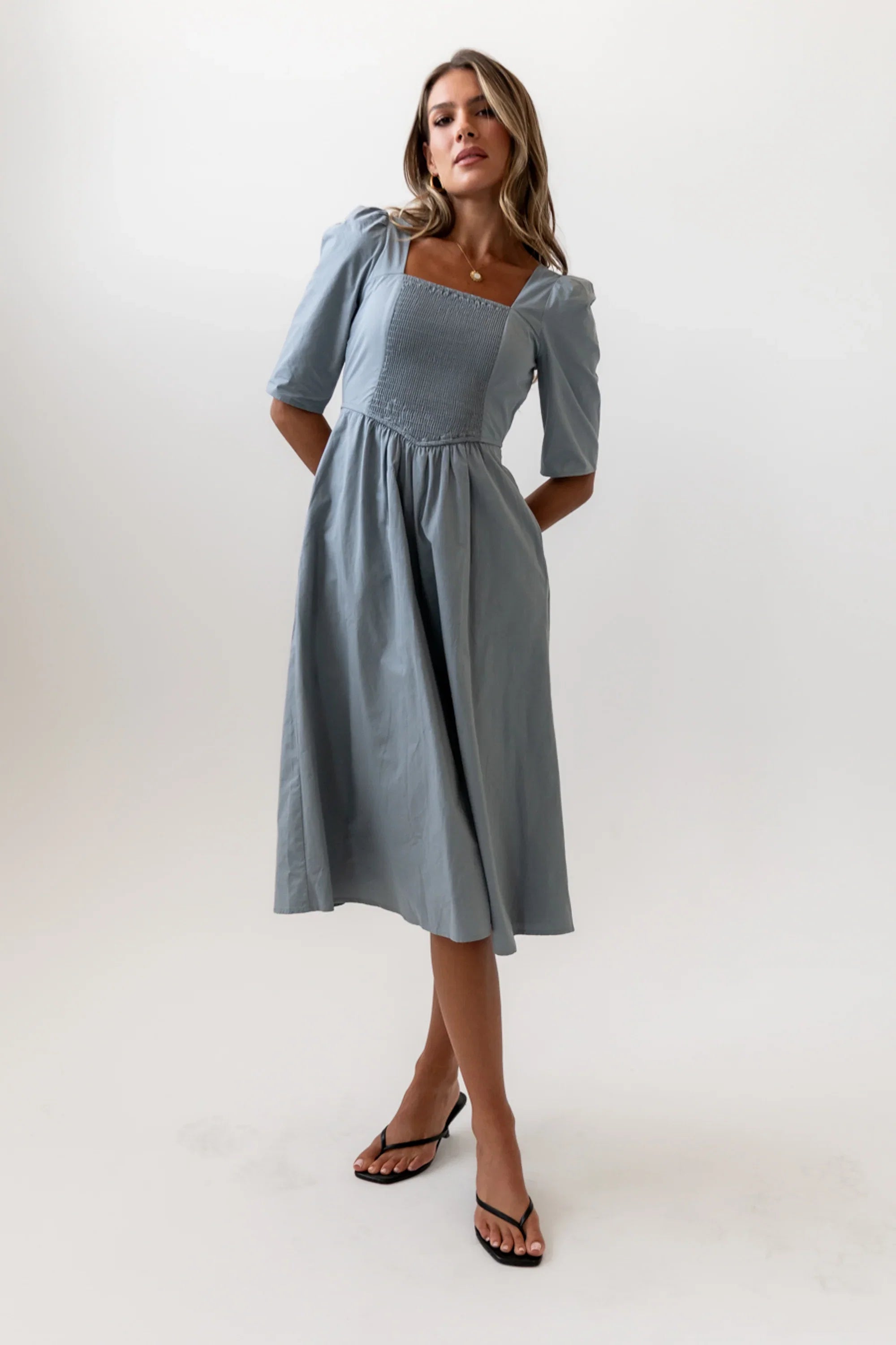 Paisley Smocked Midi Dress in Slate Blue FINAL SALE