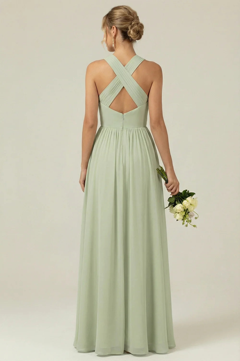 Dusty Sage A Line Halter Chiffon Long Bridesmaid Dress