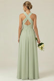 Dusty Sage A Line Halter Chiffon Long Bridesmaid Dress