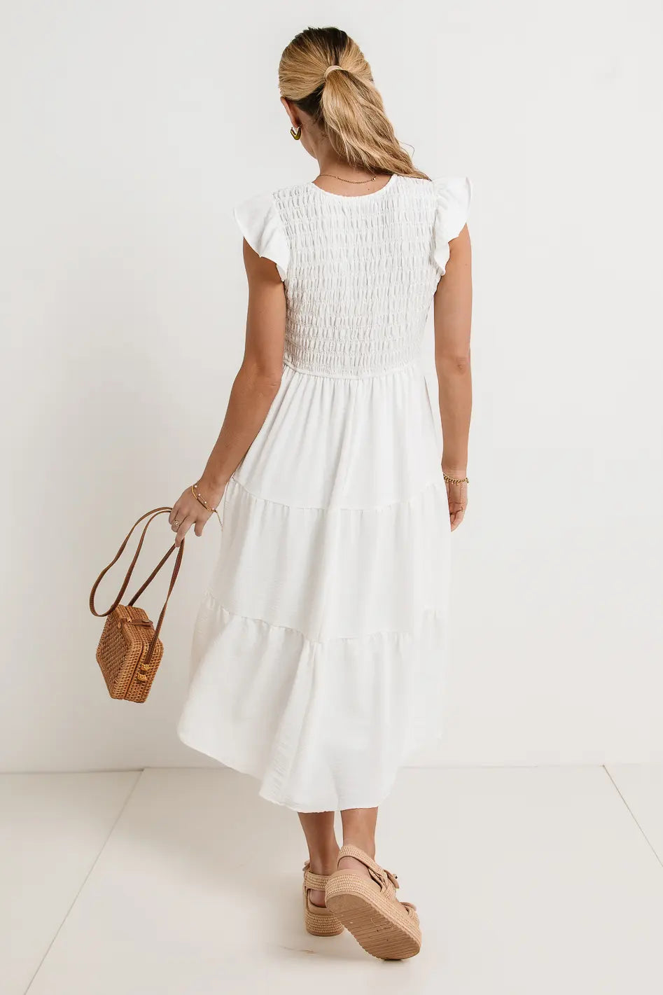 Rain Smocked Midi Dress in White FINAL SALE