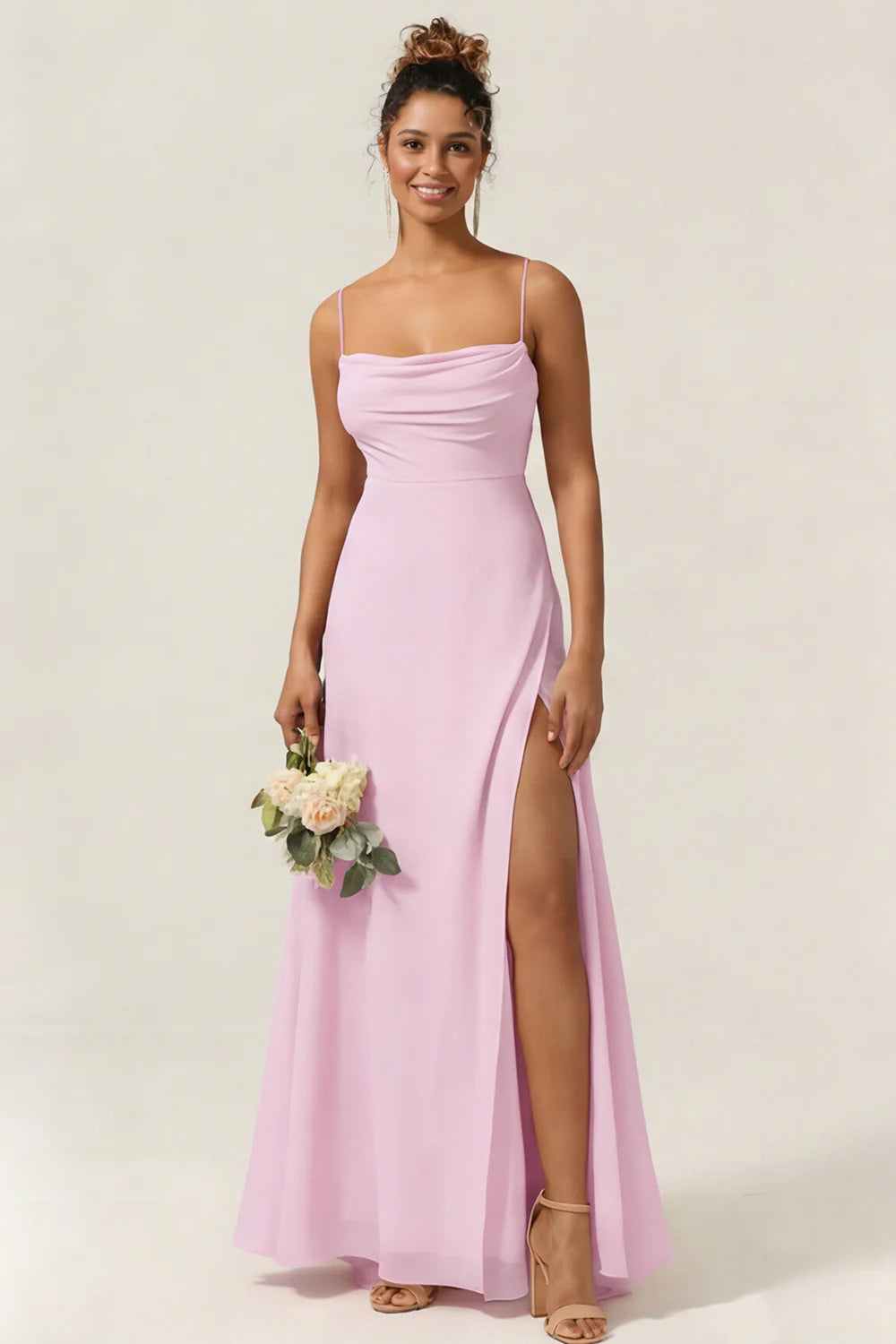 Blue Flower A Line Spaghetti Straps Chiffon Long Bridesmaid Dress with Slit