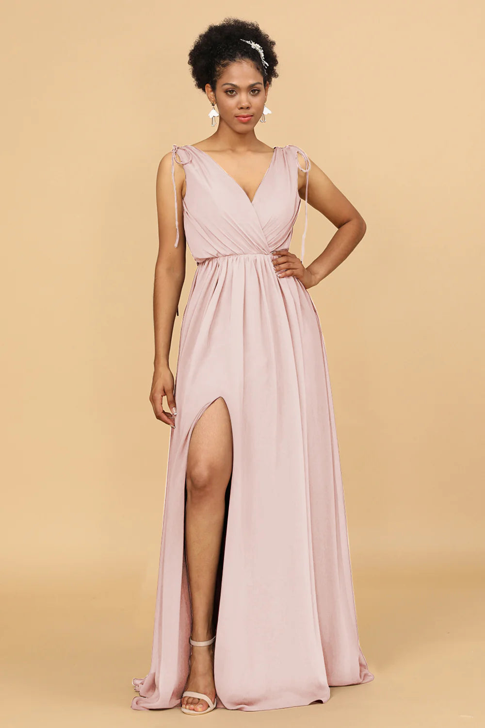 A Line Ruched V Neck Sleeveless Chiffon Bridesmaid Dress with Slit