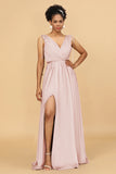 A Line Ruched V Neck Sleeveless Chiffon Bridesmaid Dress with Slit